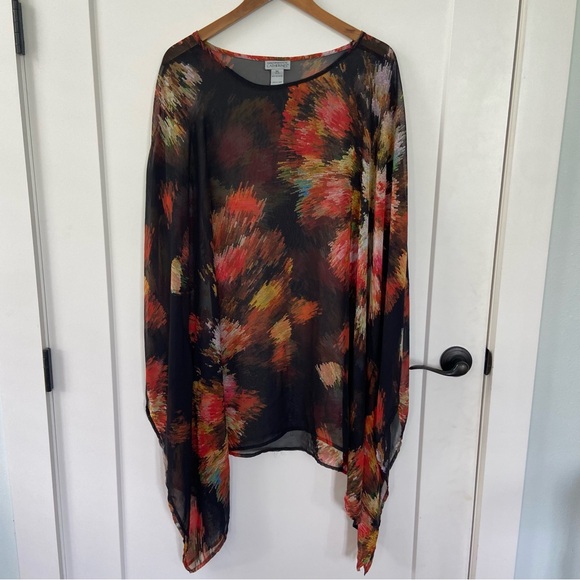 Catherines Black Abstract Floral Watercolor Artsy Sheer Kaftan Top Shirt 3X - Picture 6 of 6